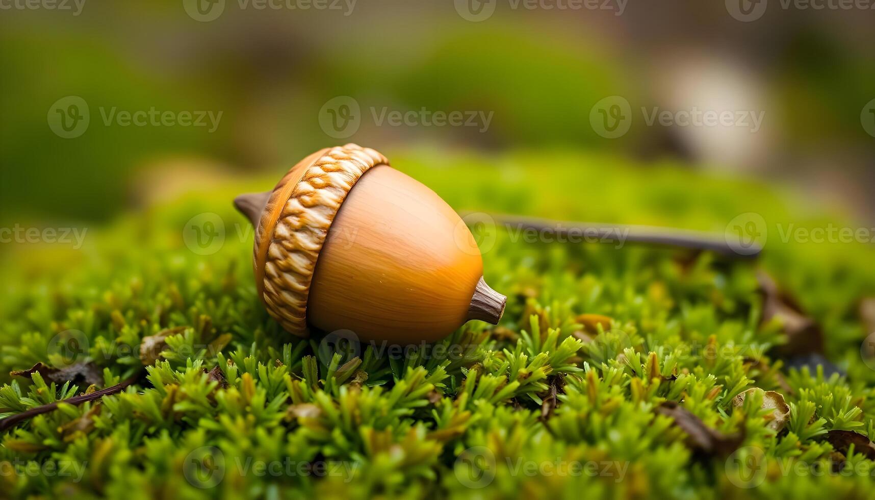 a wooden button sitting on top of a green moss covered ground photo