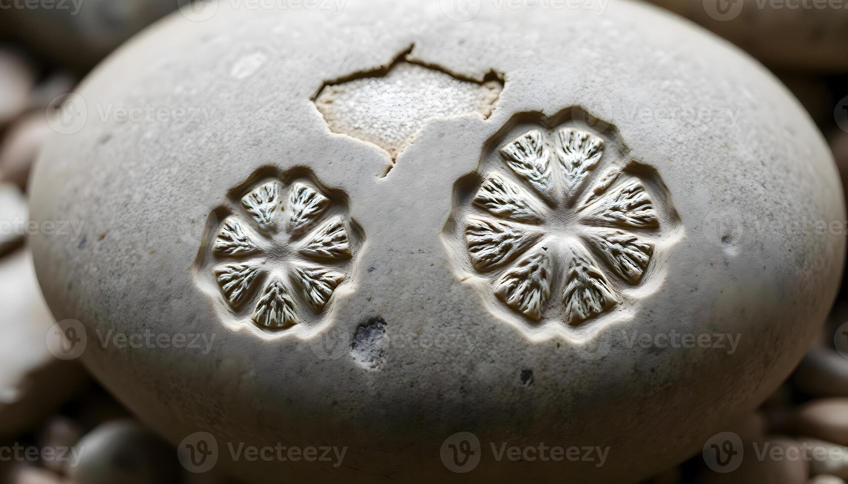 a close up of a rock with a flower carving on it photo