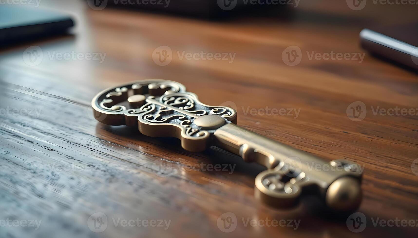 a golden key on a wooden table next to a cell phone photo