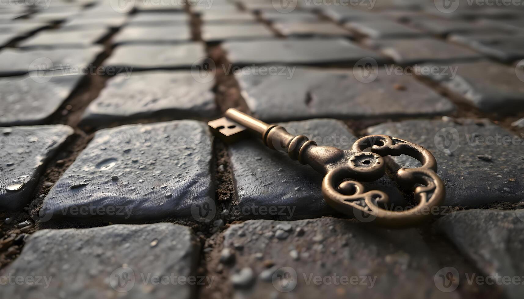 an old key is laying on a cobblestone surface photo