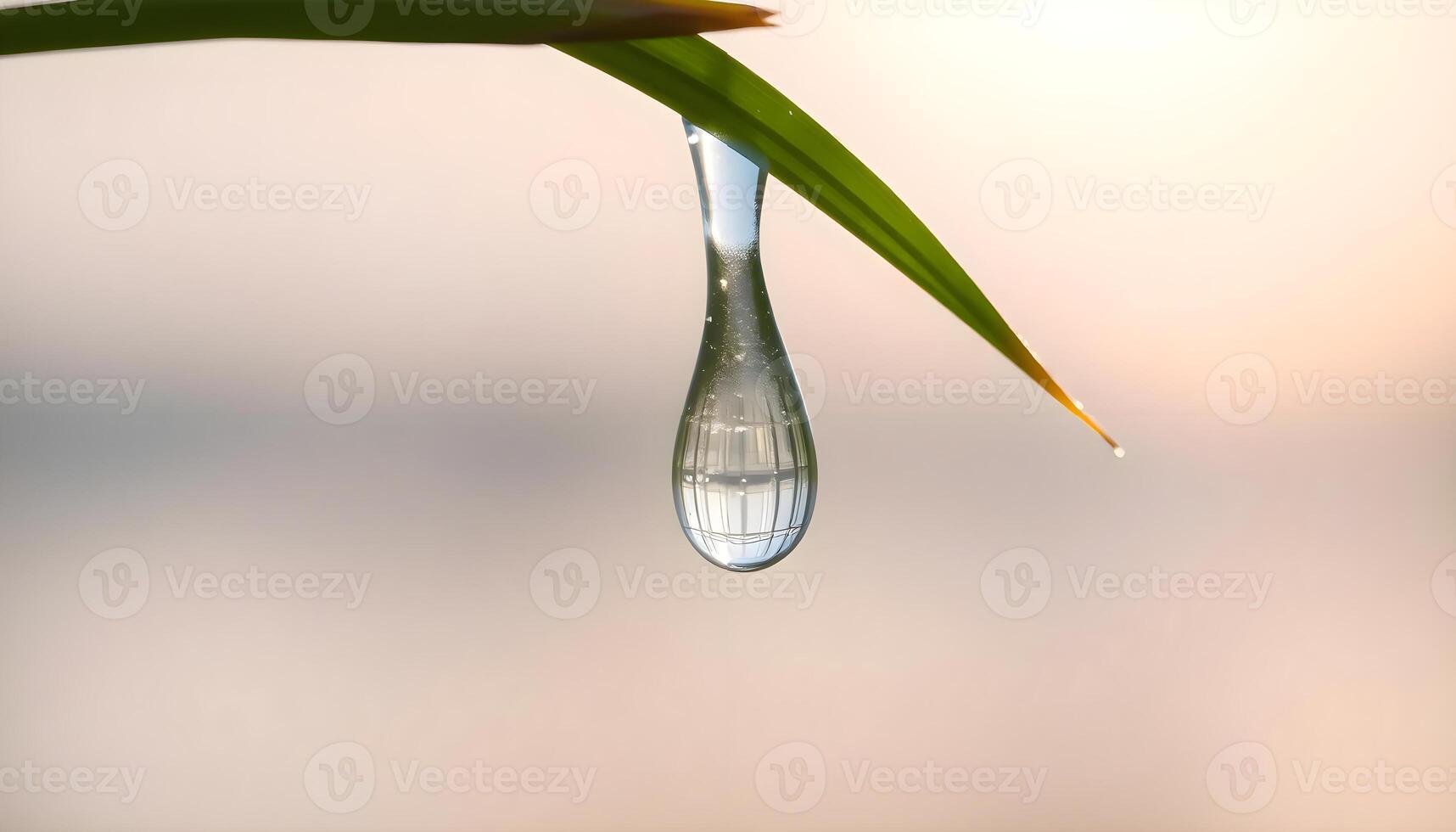 a drop of water hanging from a green leaf photo