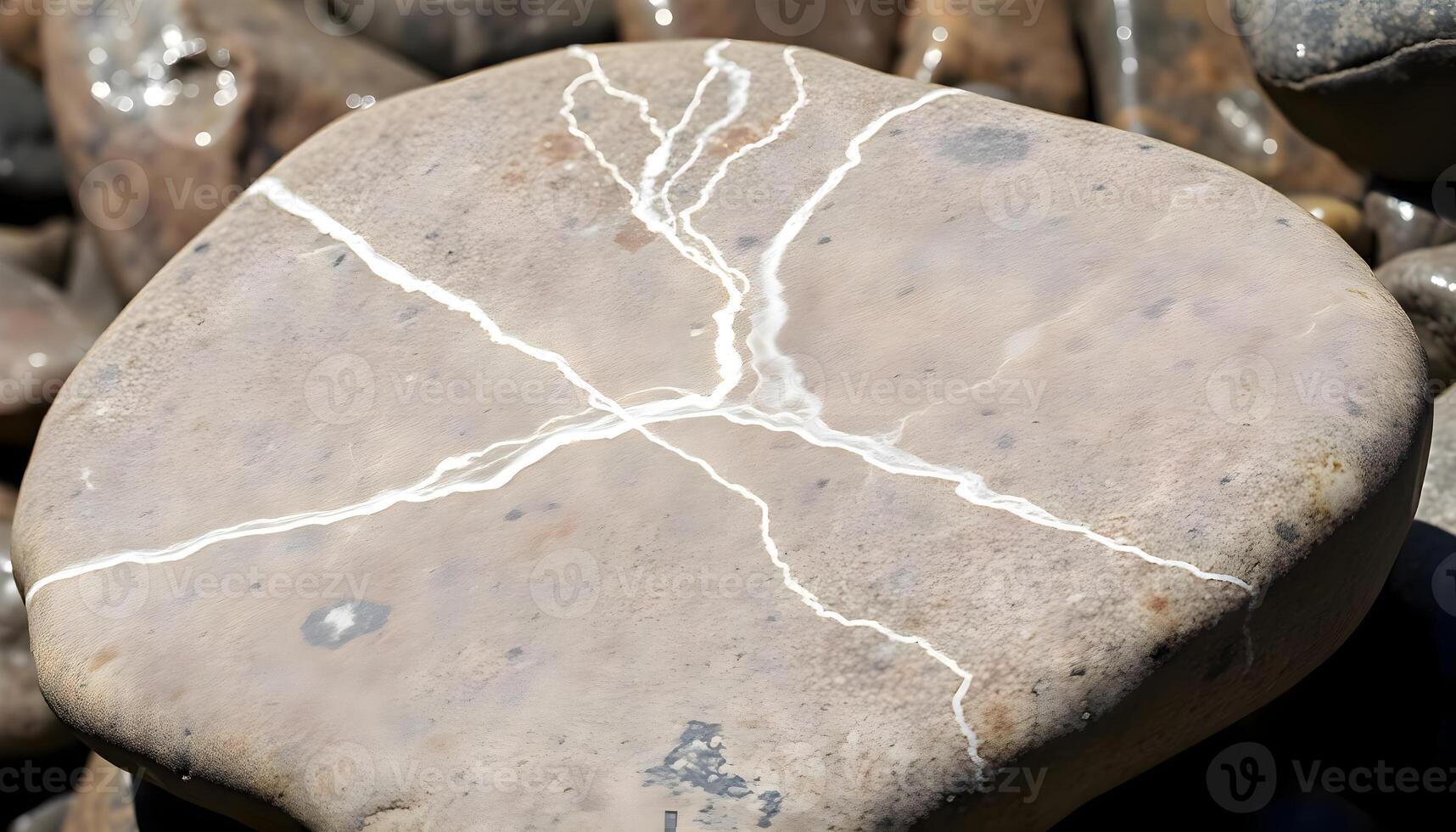 a rock with white lines on it sitting on some rocks photo
