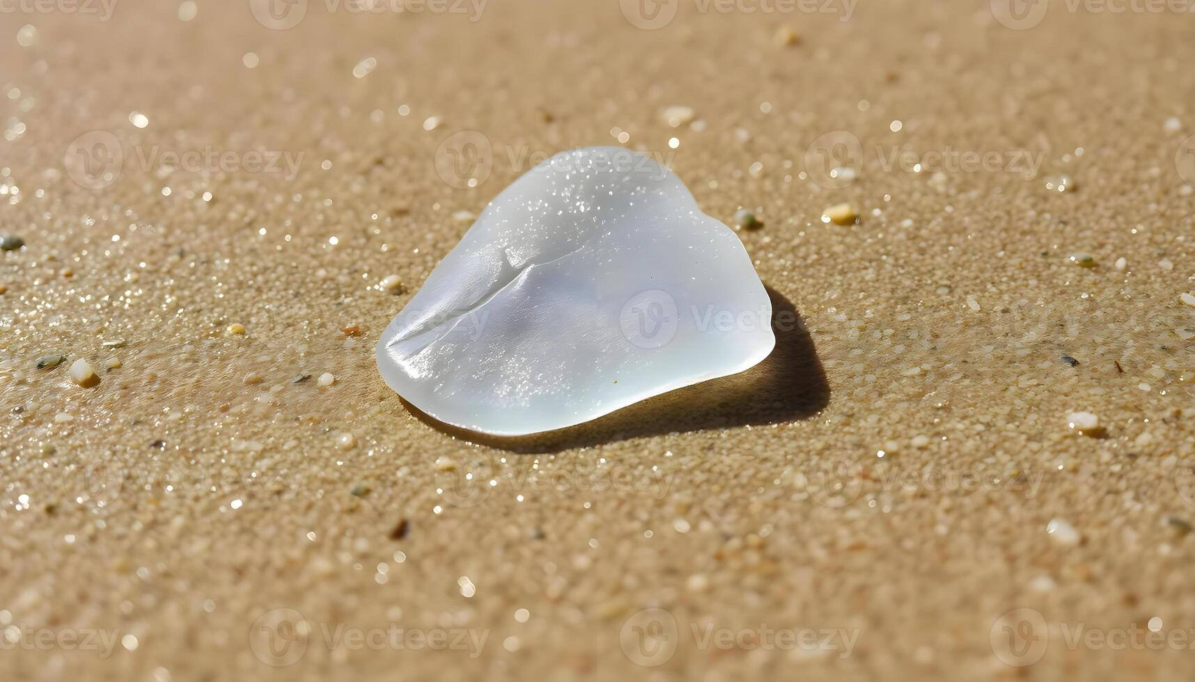 a white sea glass sitting on top of a sandy beach photo