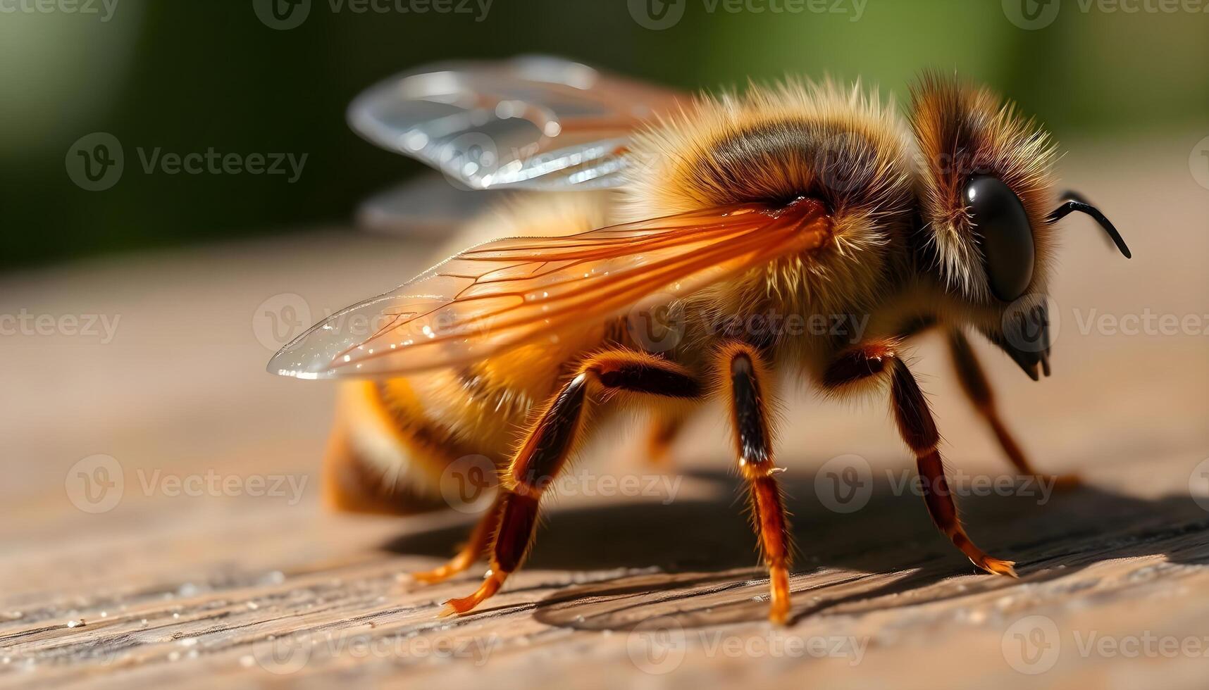 a close up of a bee on a wooden surface photo
