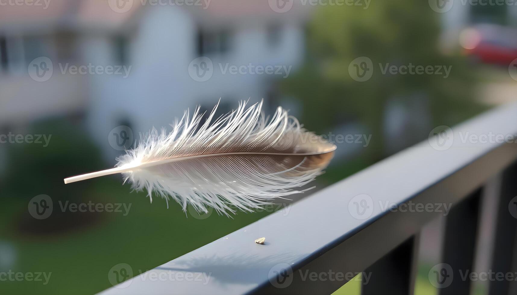 a white feather resting on a balcony railing photo