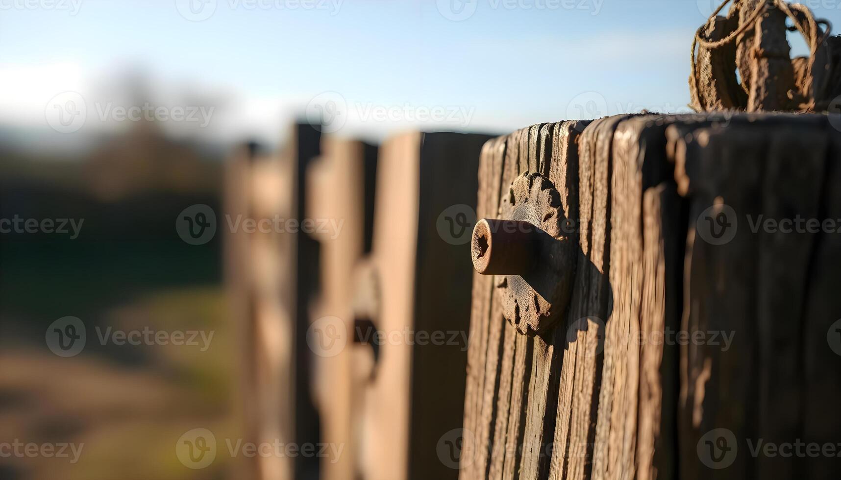 a close up of a wooden fence with a knot on it photo