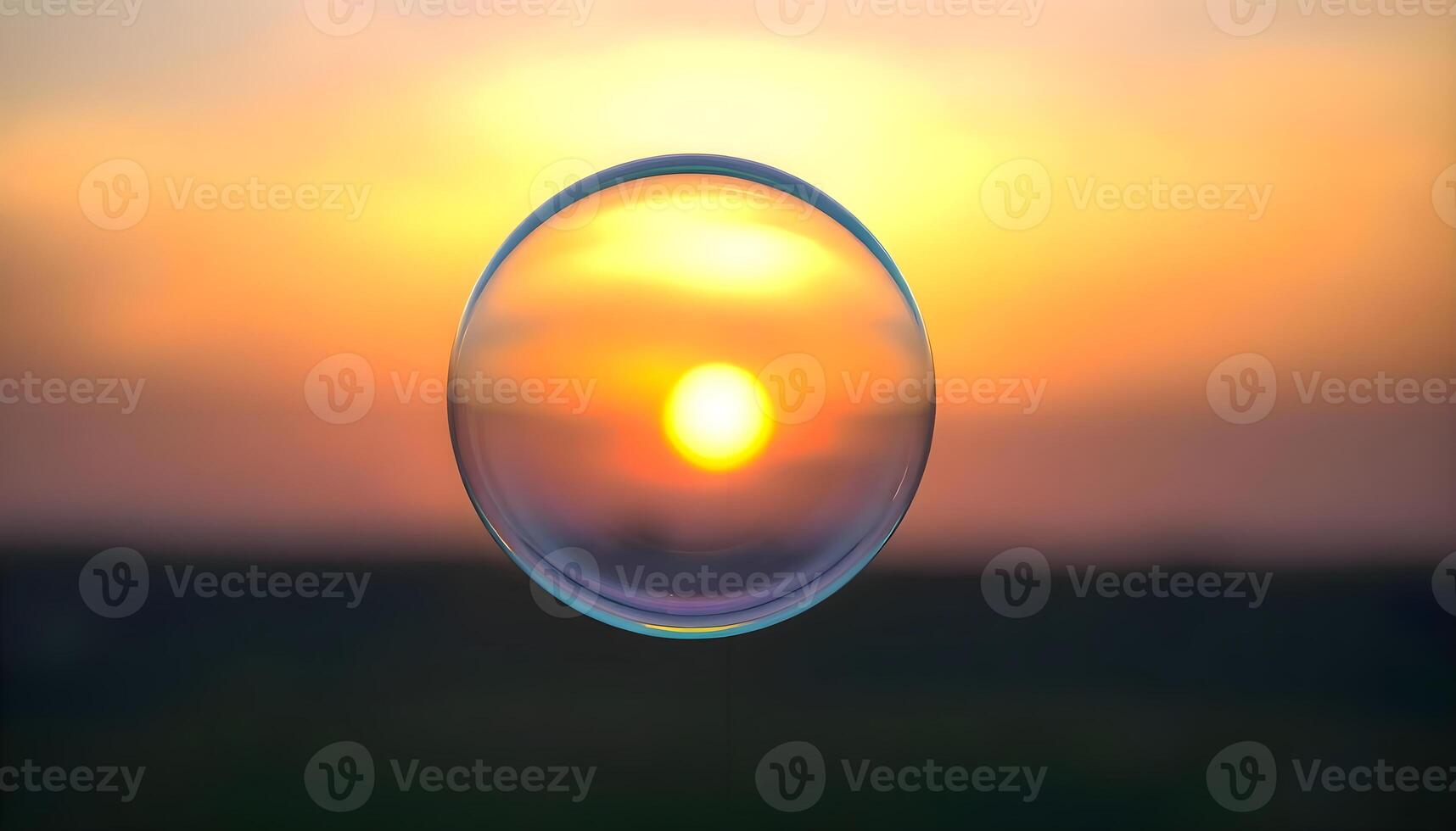 a soap bubble floating in the air with a sunset in the background photo