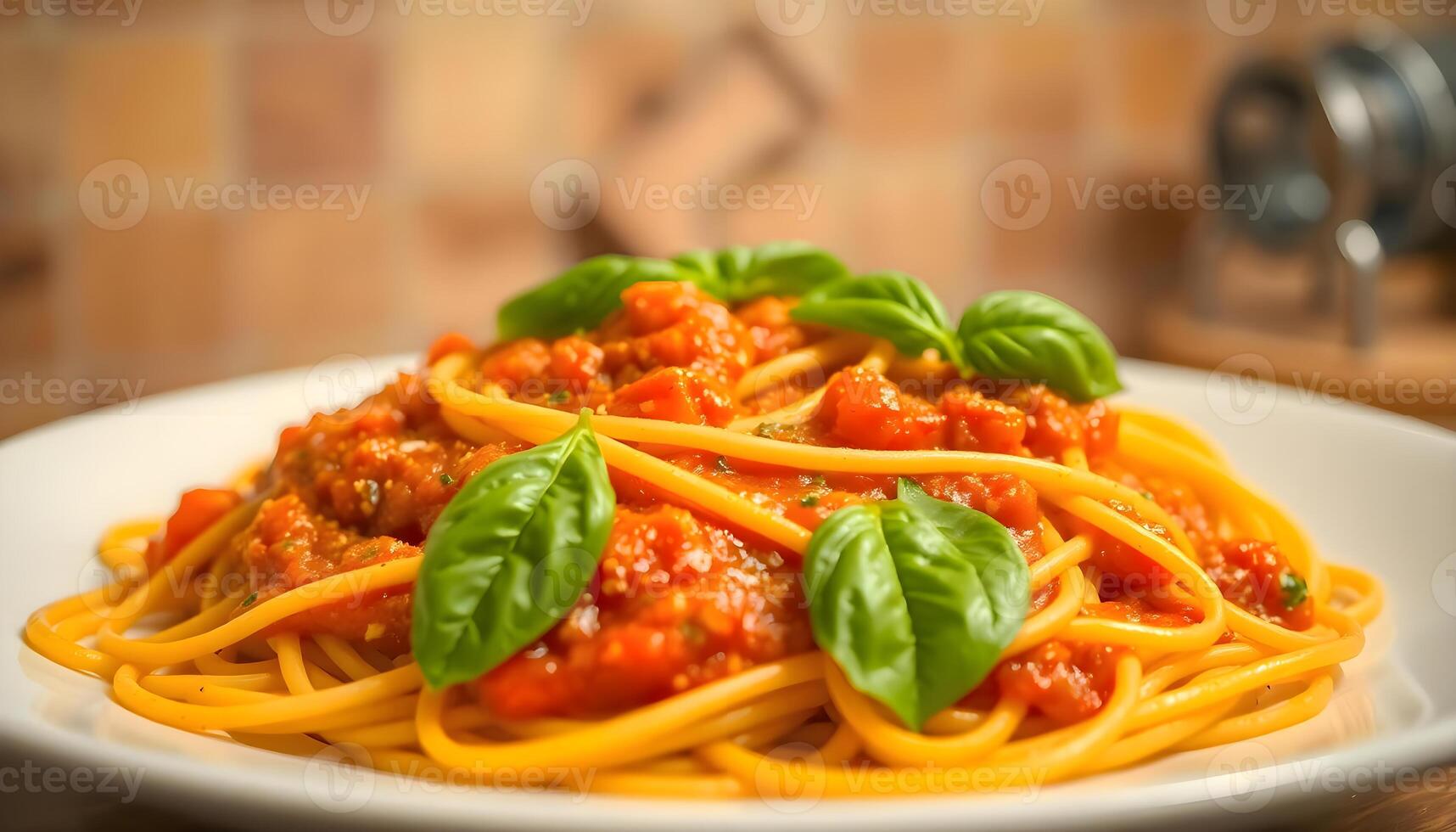 a plate of spaghetti with basil and tomato sauce photo