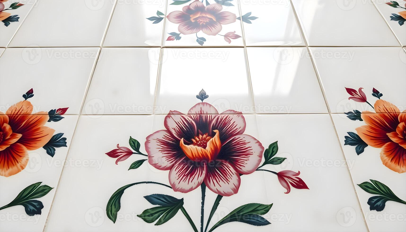 a white tiled floor with a flower painted on it photo