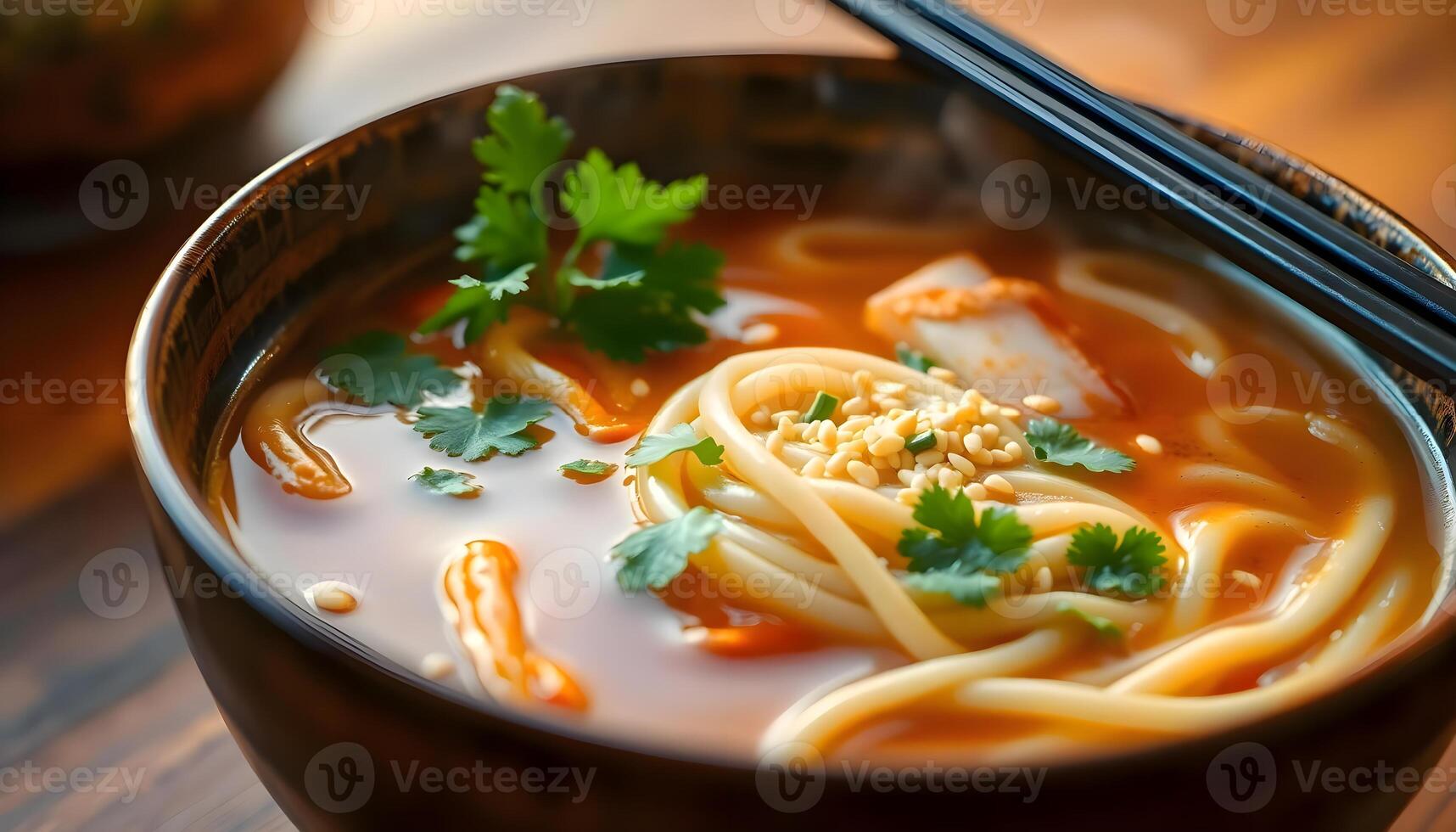 a close up of a bowl of soup with chopsticks photo