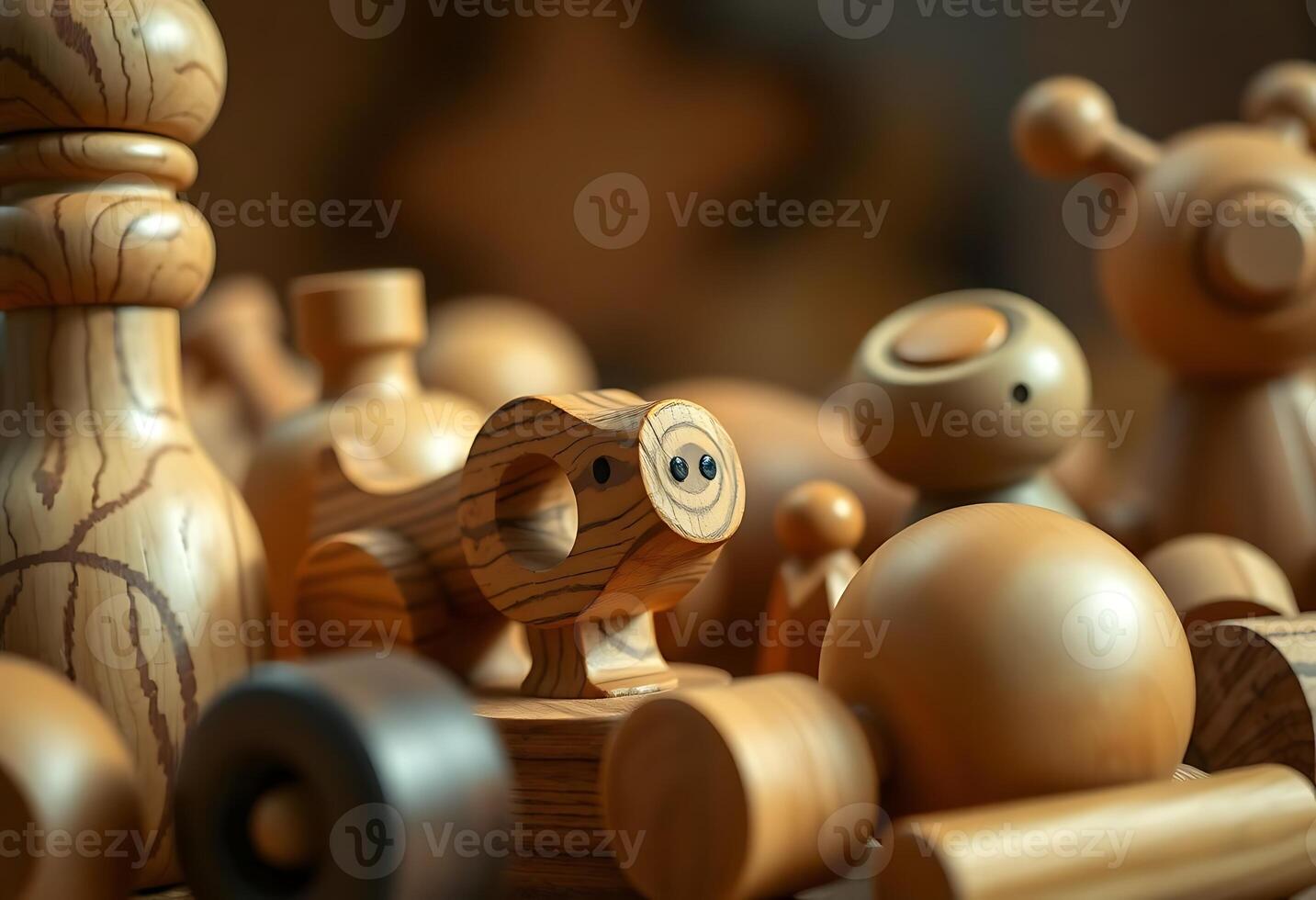 group of wooden toys sitting on top of a table photo