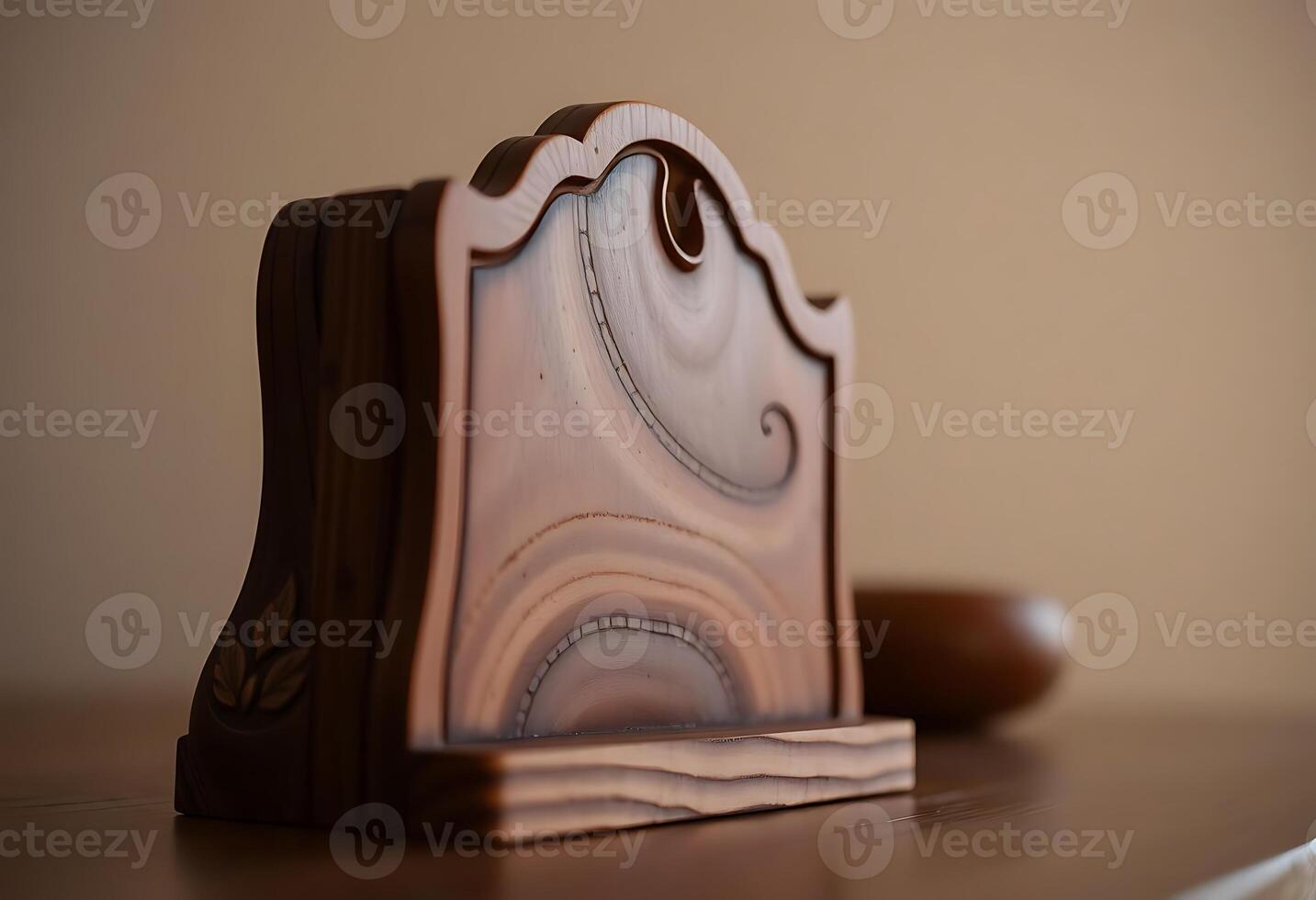 wooden clock sitting on top of a table photo
