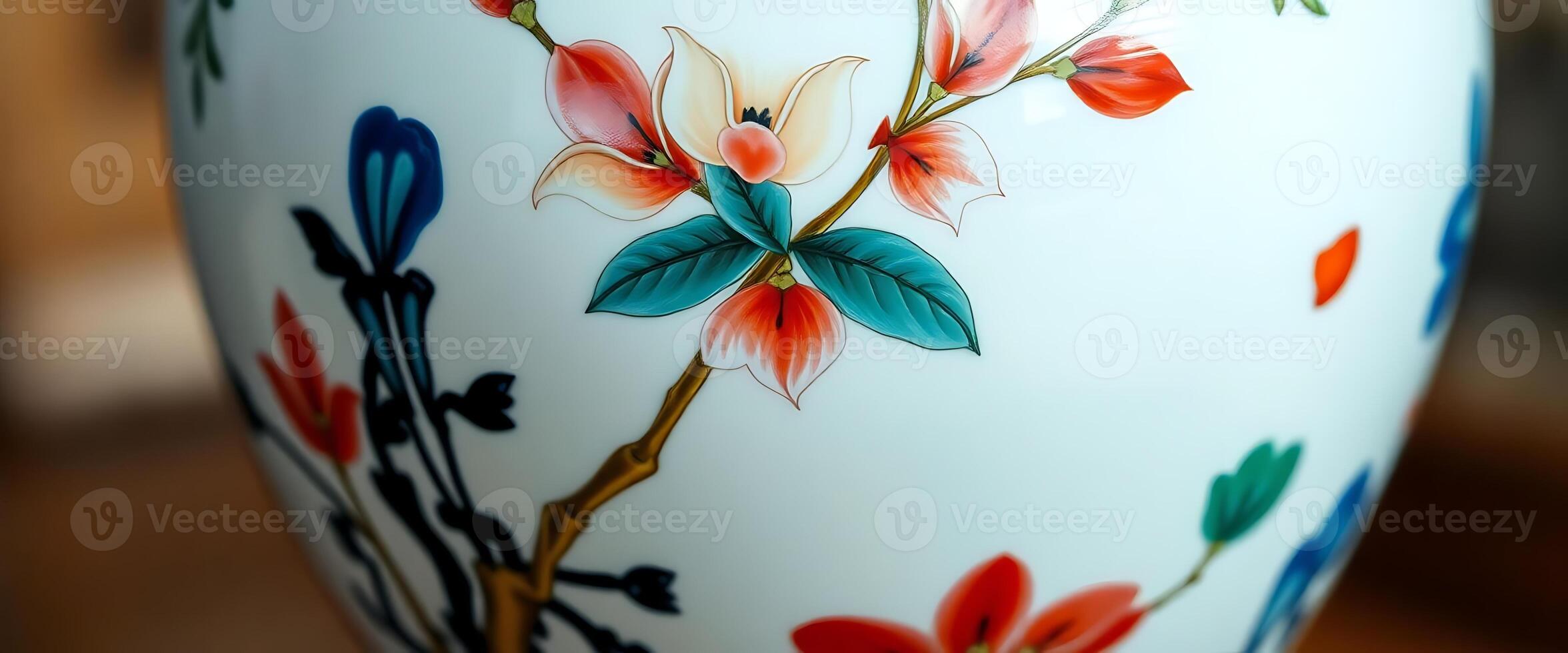 close up of a vase with flowers painted on it photo