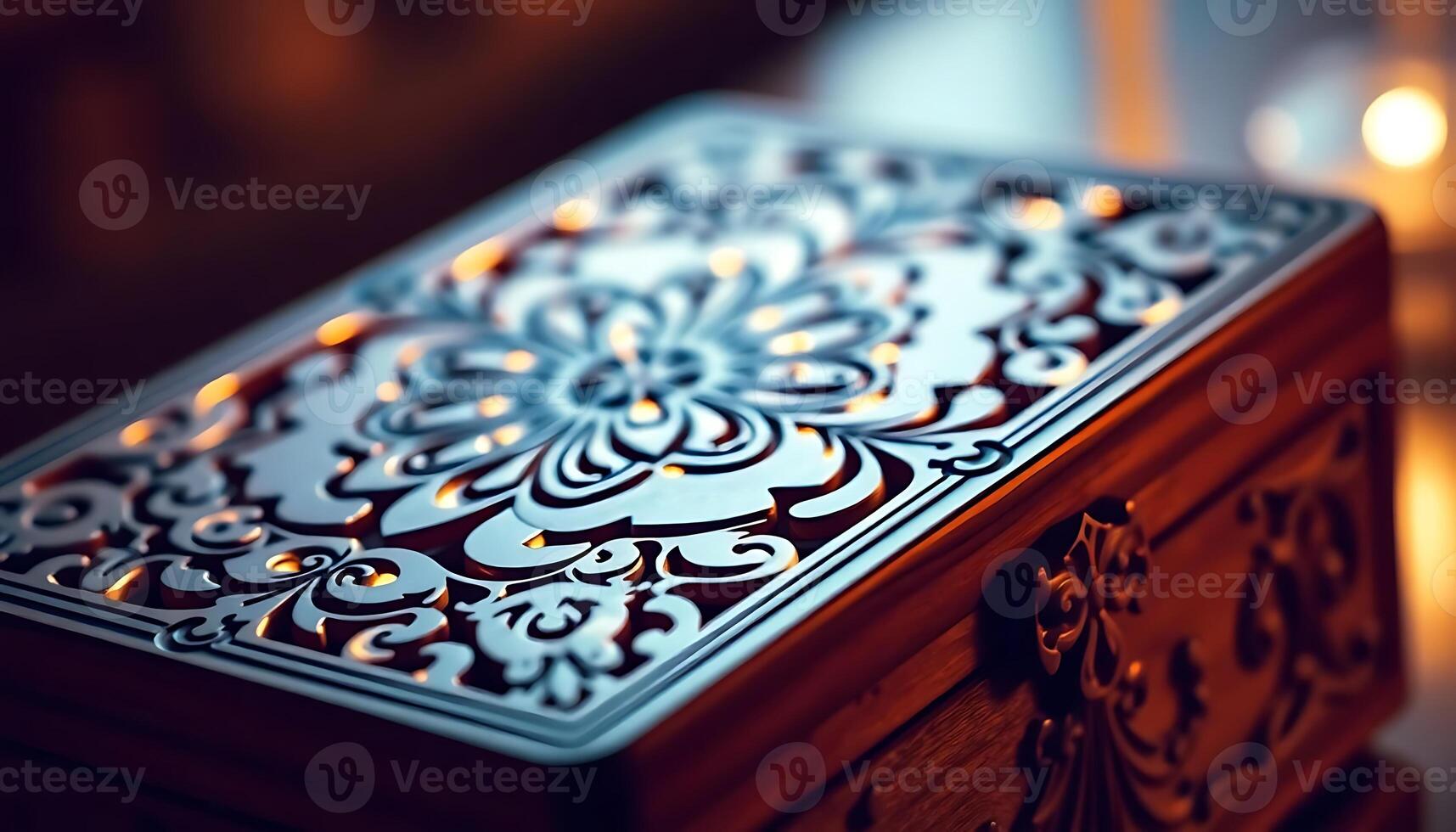 close up of a wooden box on a table photo
