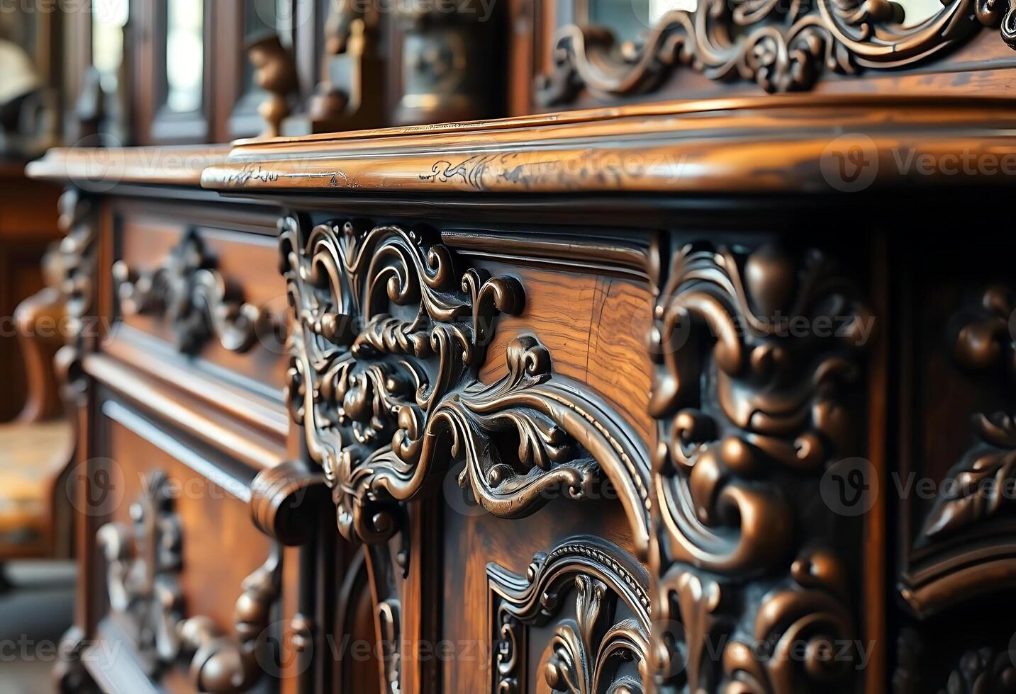 close up of a wooden dresser with ornate carvings photo