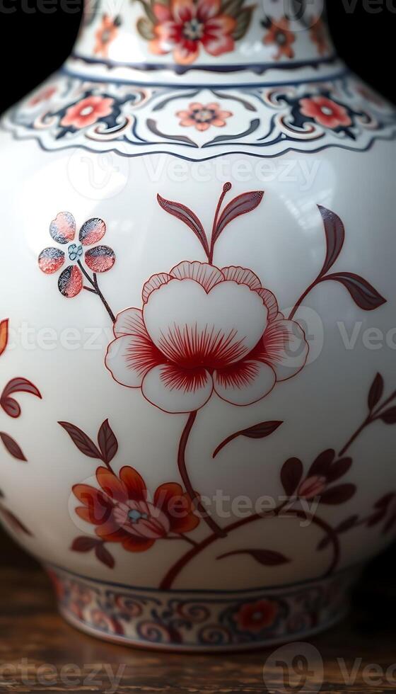 white vase with red flowers painted on it photo