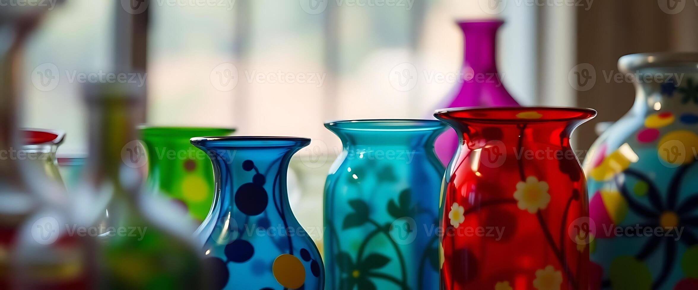 group of colorful vases sitting on top of a table photo