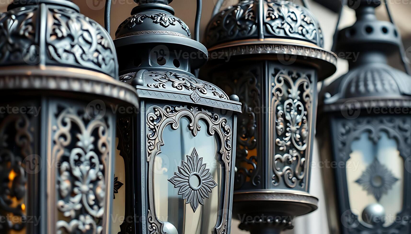 group of old fashioned lanterns hanging from a ceiling photo