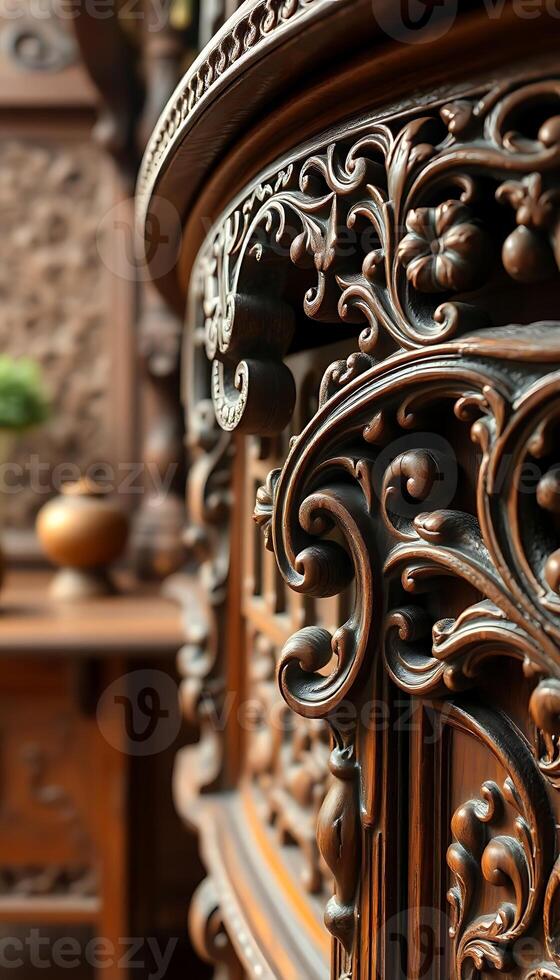 close up of a wooden carving on a table photo