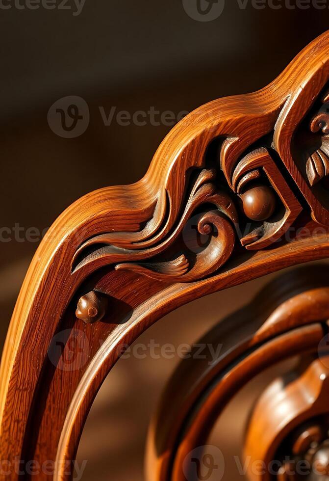close up of a wooden chair with carvings on it photo
