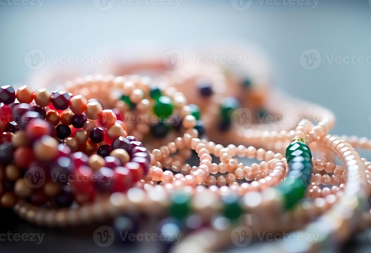 close up of beads and beads on a table photo