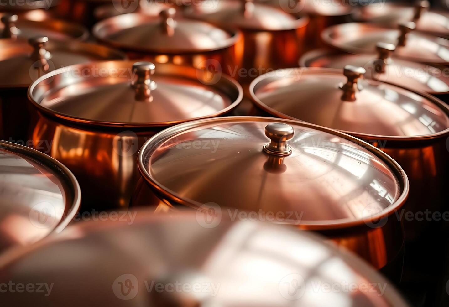 bunch of copper pots sitting on top of a table photo
