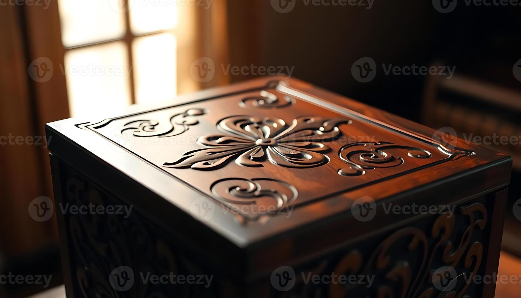 decorative wooden box sitting in front of a window photo