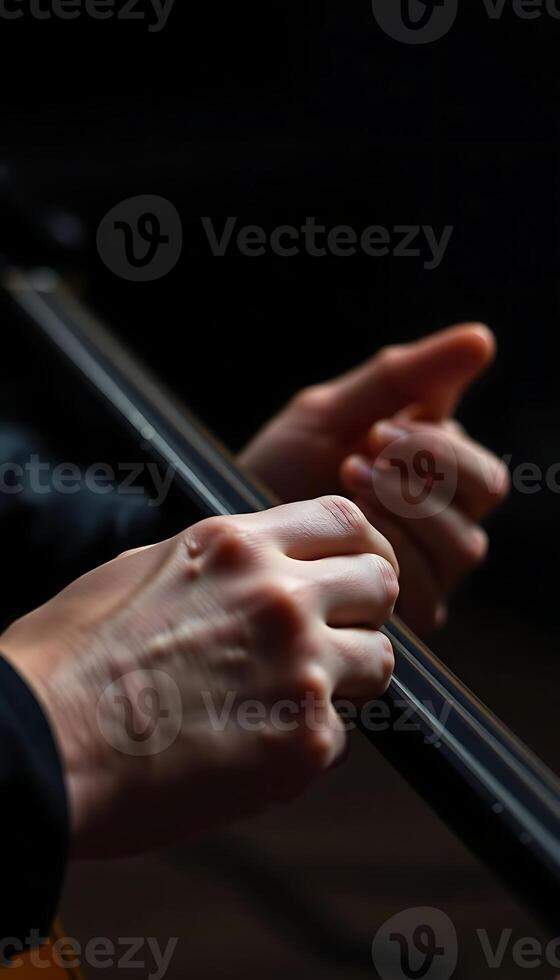 close up of a person holding a violin photo