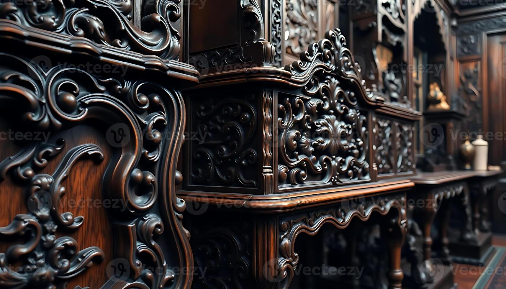 large wooden shelf with ornate carvings on it photo