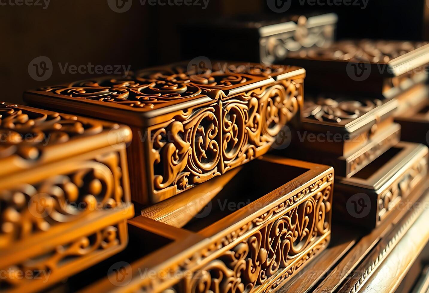 group of wooden boxes sitting on top of a table photo