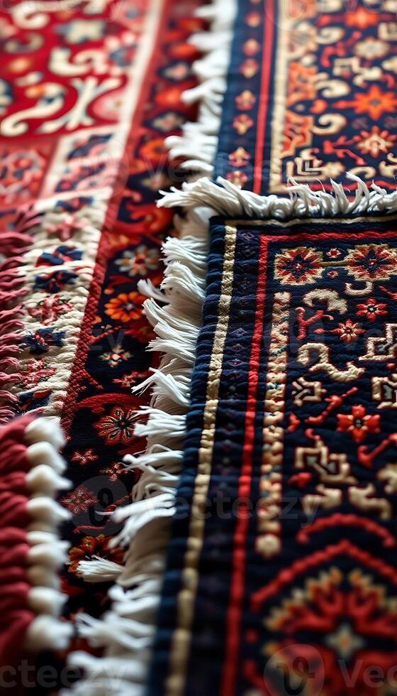 close up of an oriental rug with fringes photo