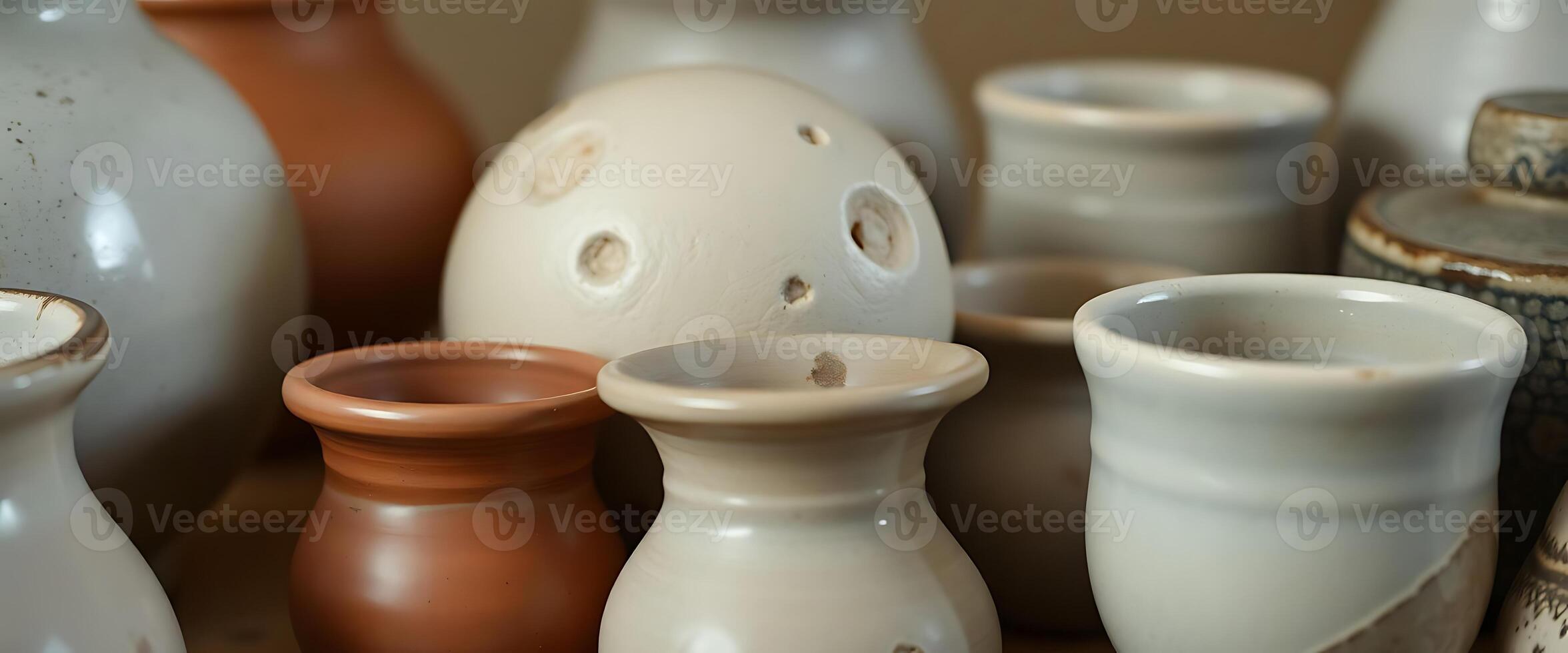 group of ceramic vases sitting on top of a table photo
