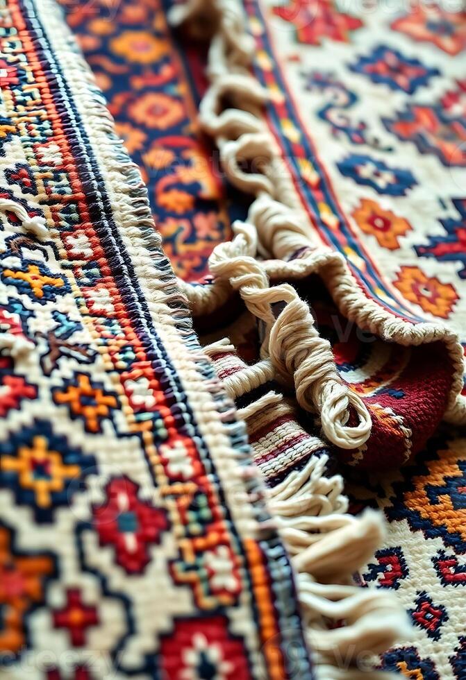 close up of a colorful rug with tassels photo