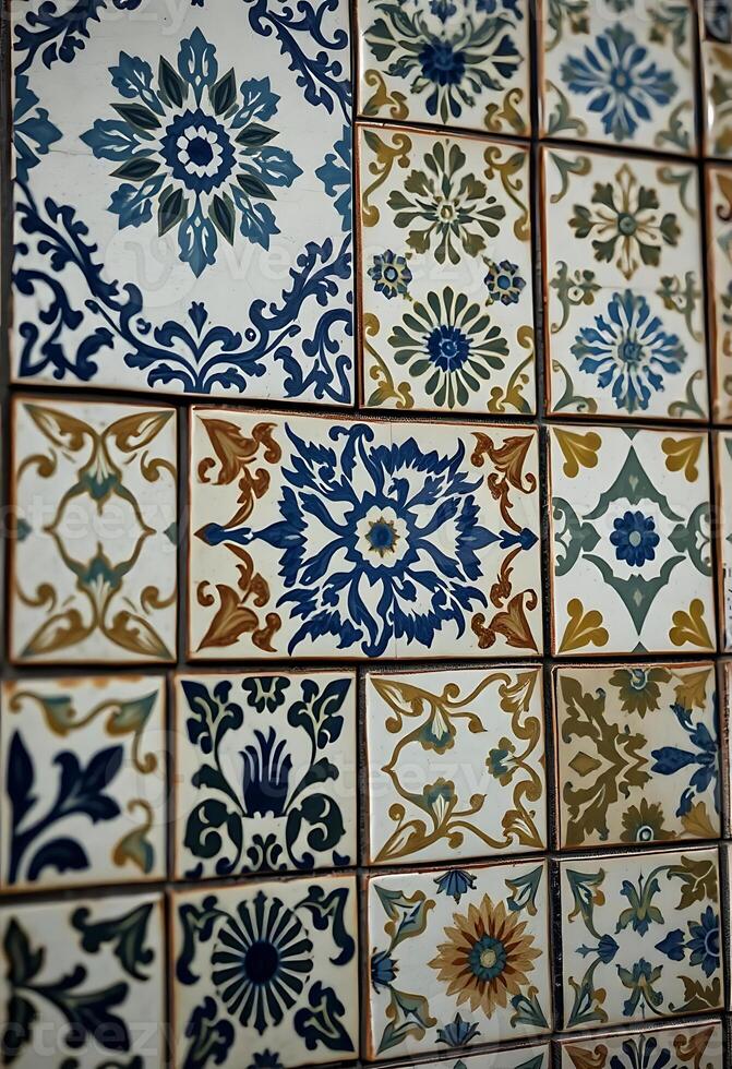 close up of a tiled wall with blue and yellow flowers photo