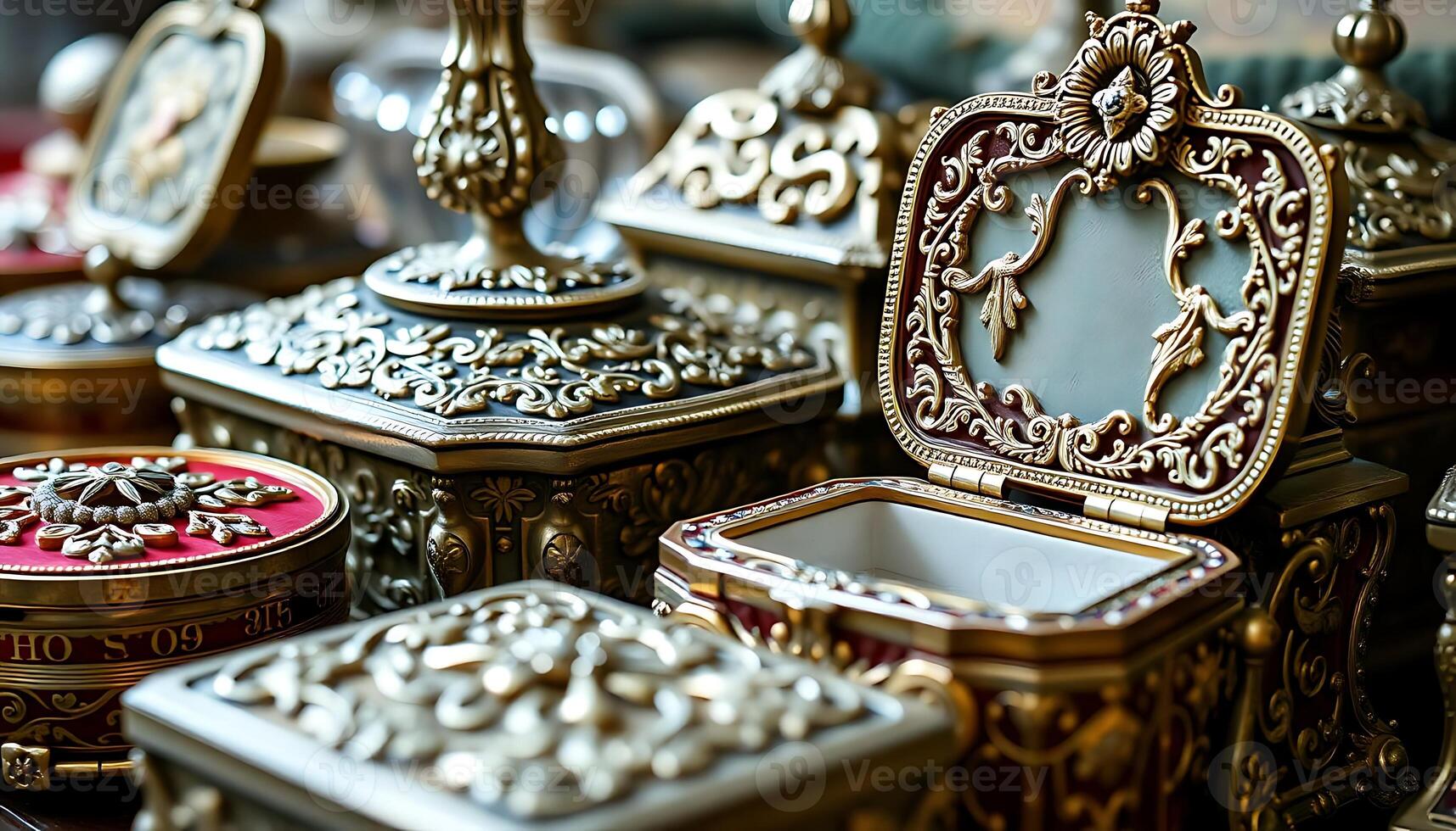 group of ornately decorated metal containers photo