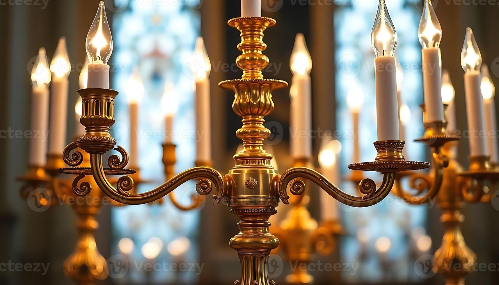 chandelier with many lit candles in front of a window photo