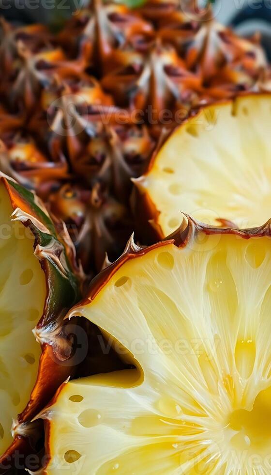 close up of a pineapple fruit cut in half photo