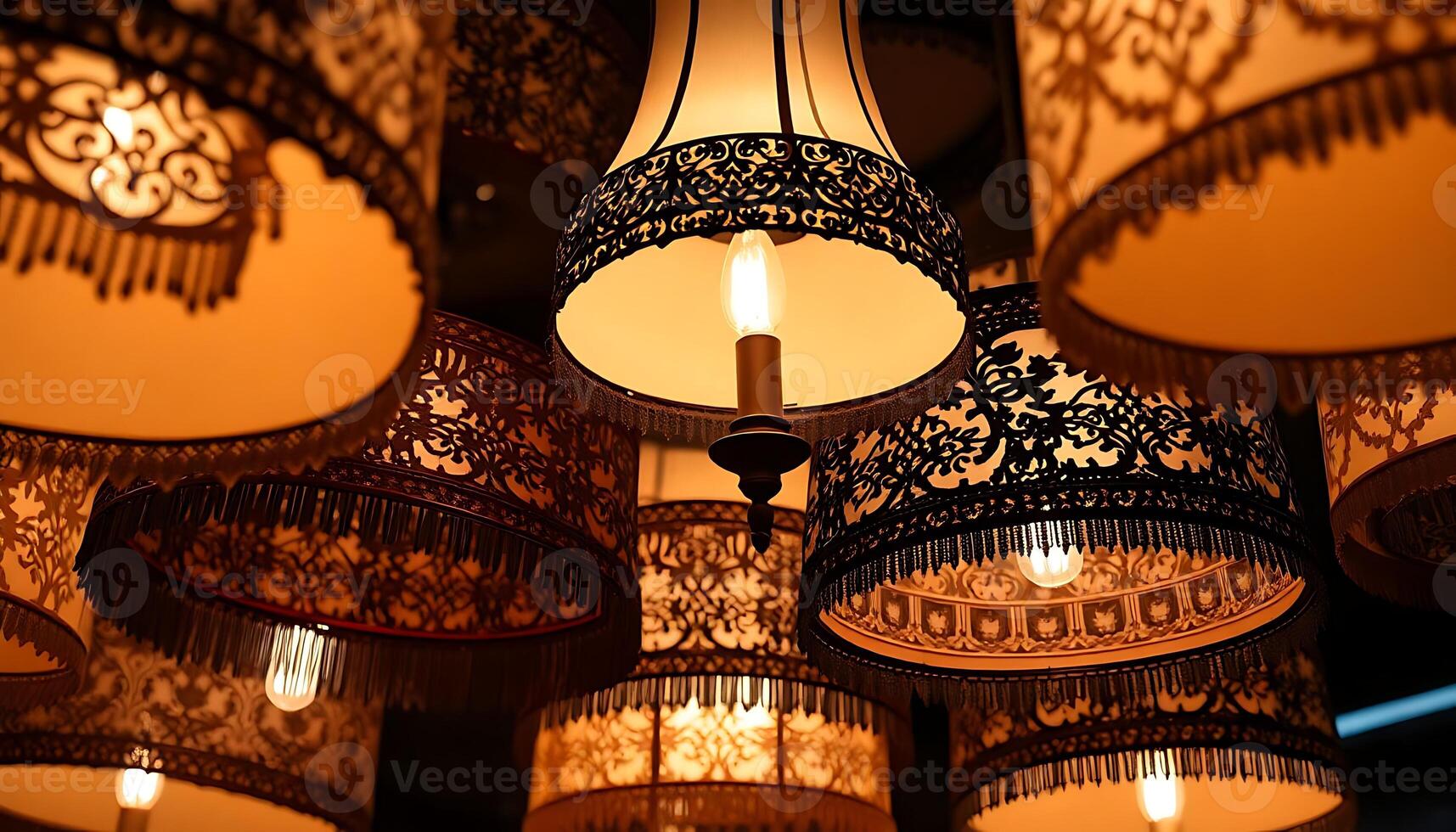 chandelier hanging from the ceiling in a room photo
