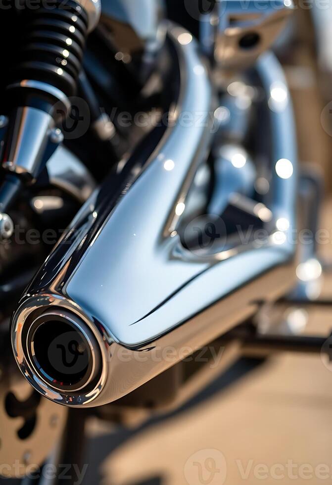 front end of a motorcycle with a chrome exhaust pipe photo