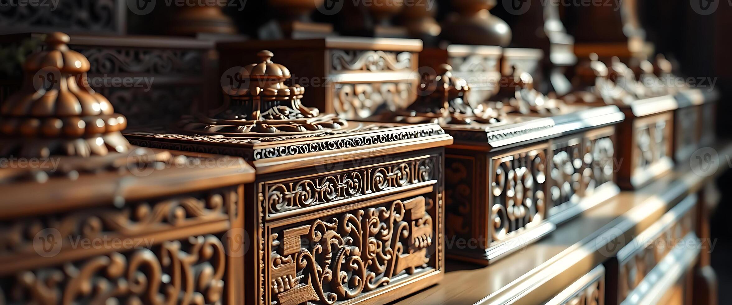 close up of a wooden bench with carvings on it photo