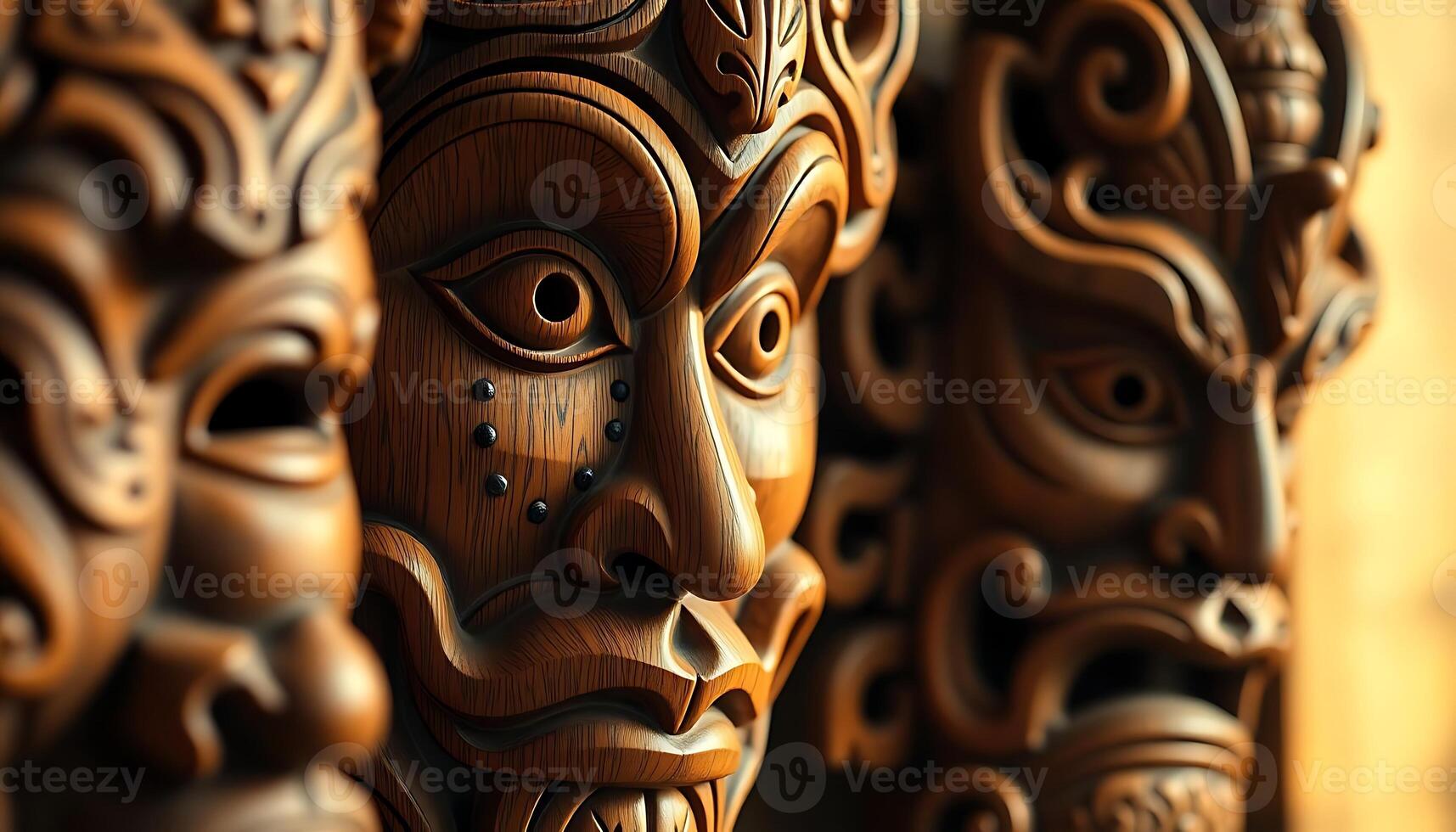 close up of a group of wooden masks photo