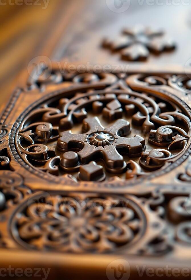 close up of a wooden table with intricate designs photo