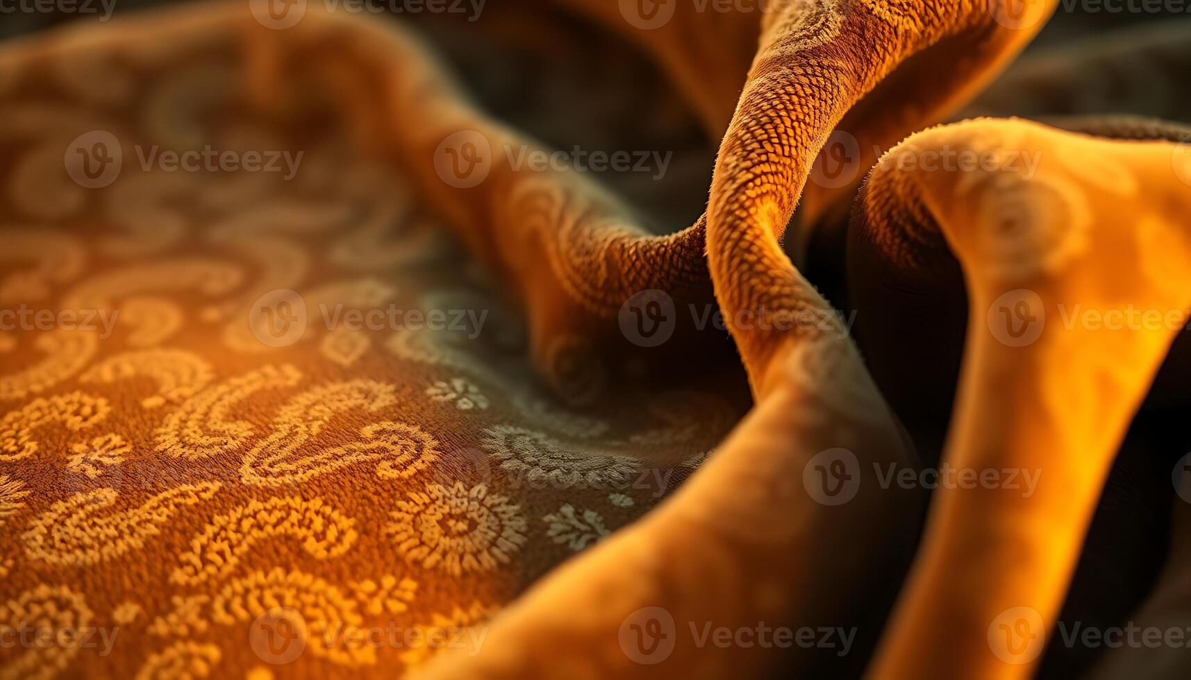 close up of a bed with a yellow and brown comforter photo