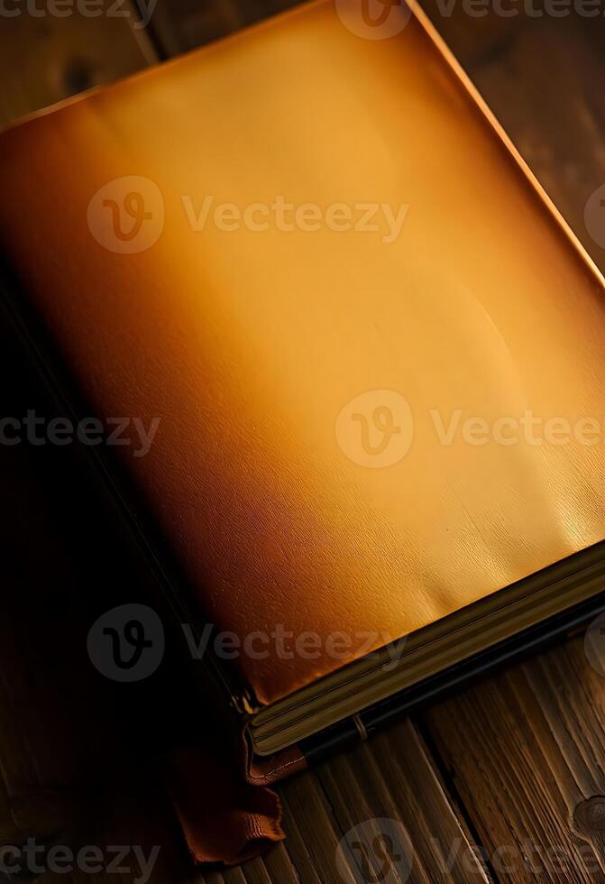 brown book sitting on top of a wooden table photo