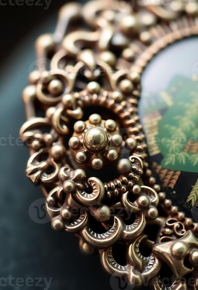 close up of a brooch with a clock on it photo