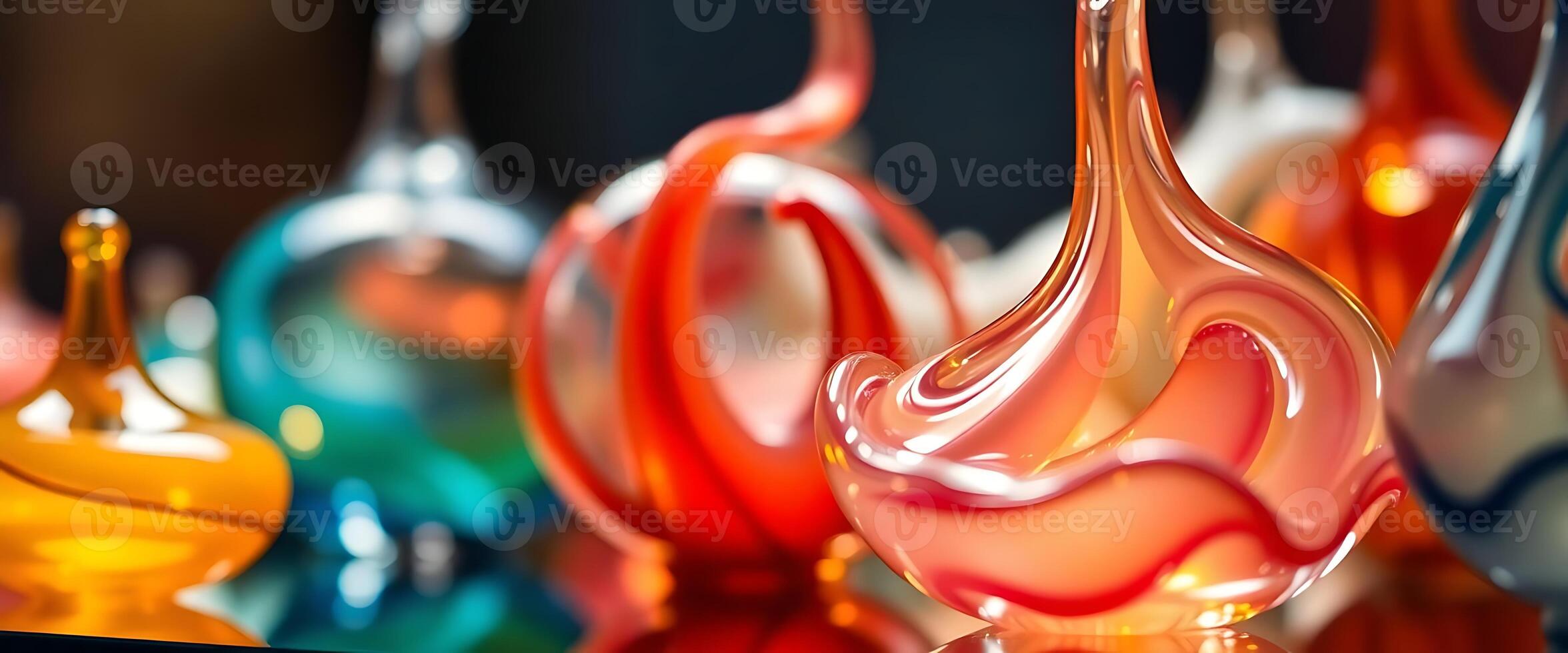 group of colorful glass vases sitting on top of a table photo