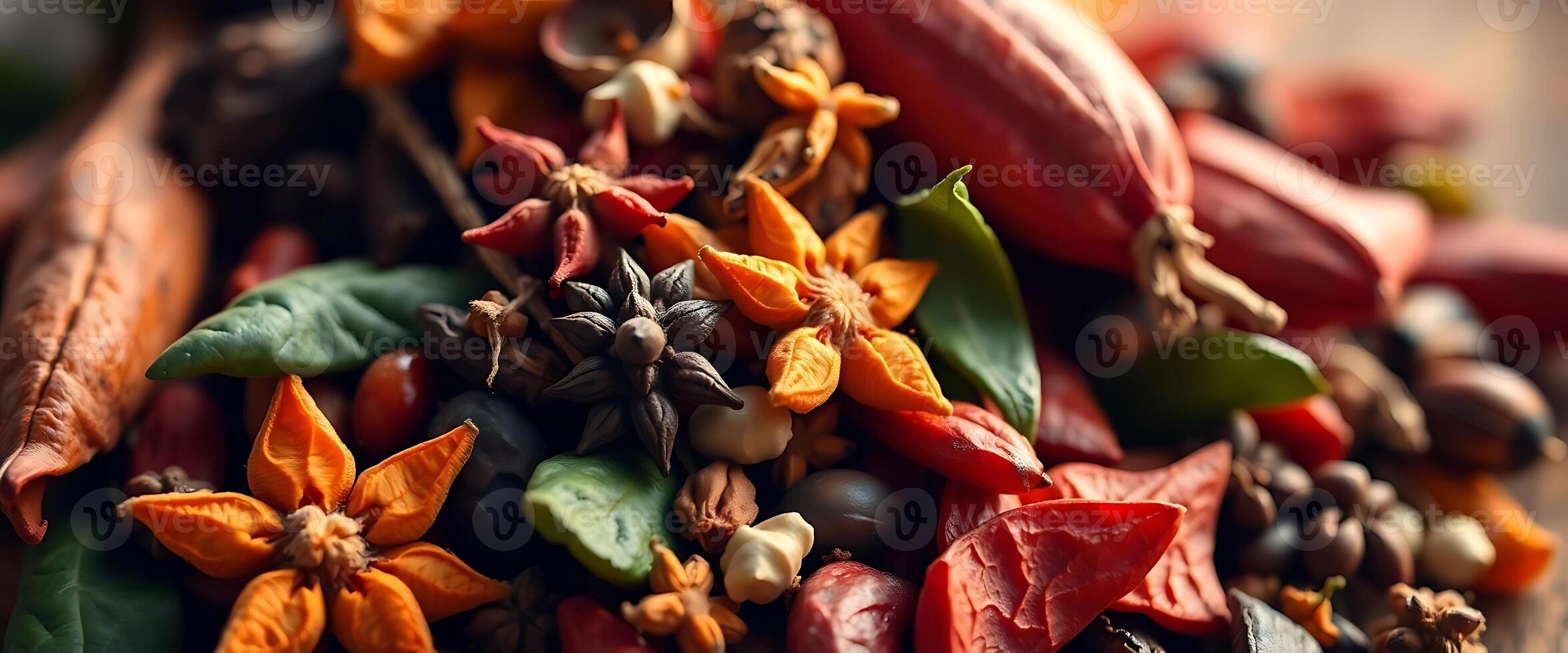 pile of dried fruits and vegetables on a table photo