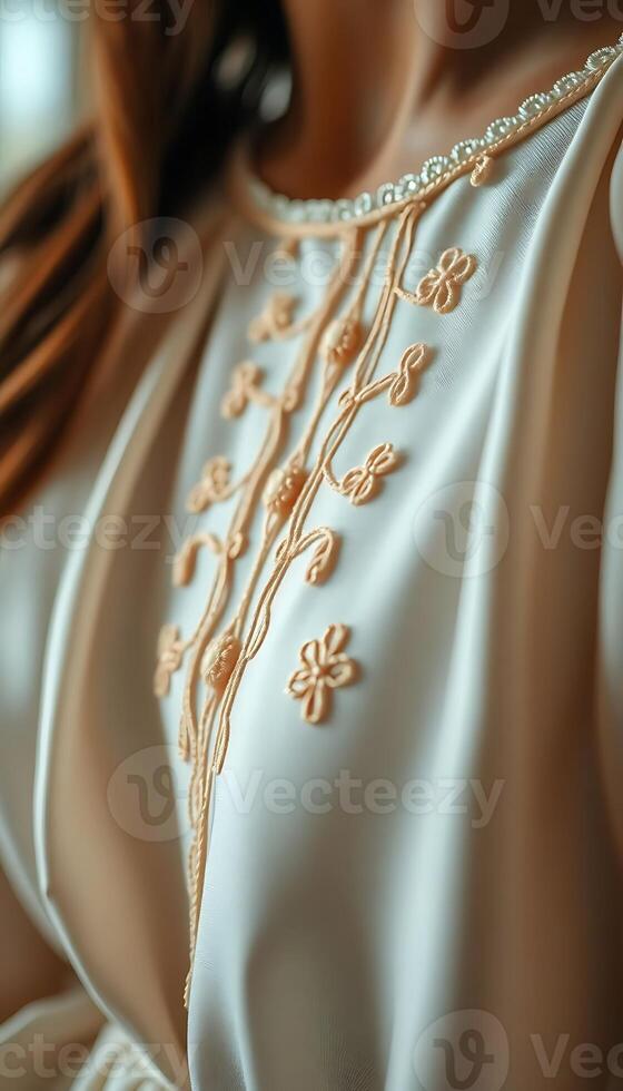 close up of a woman wearing a white dress photo