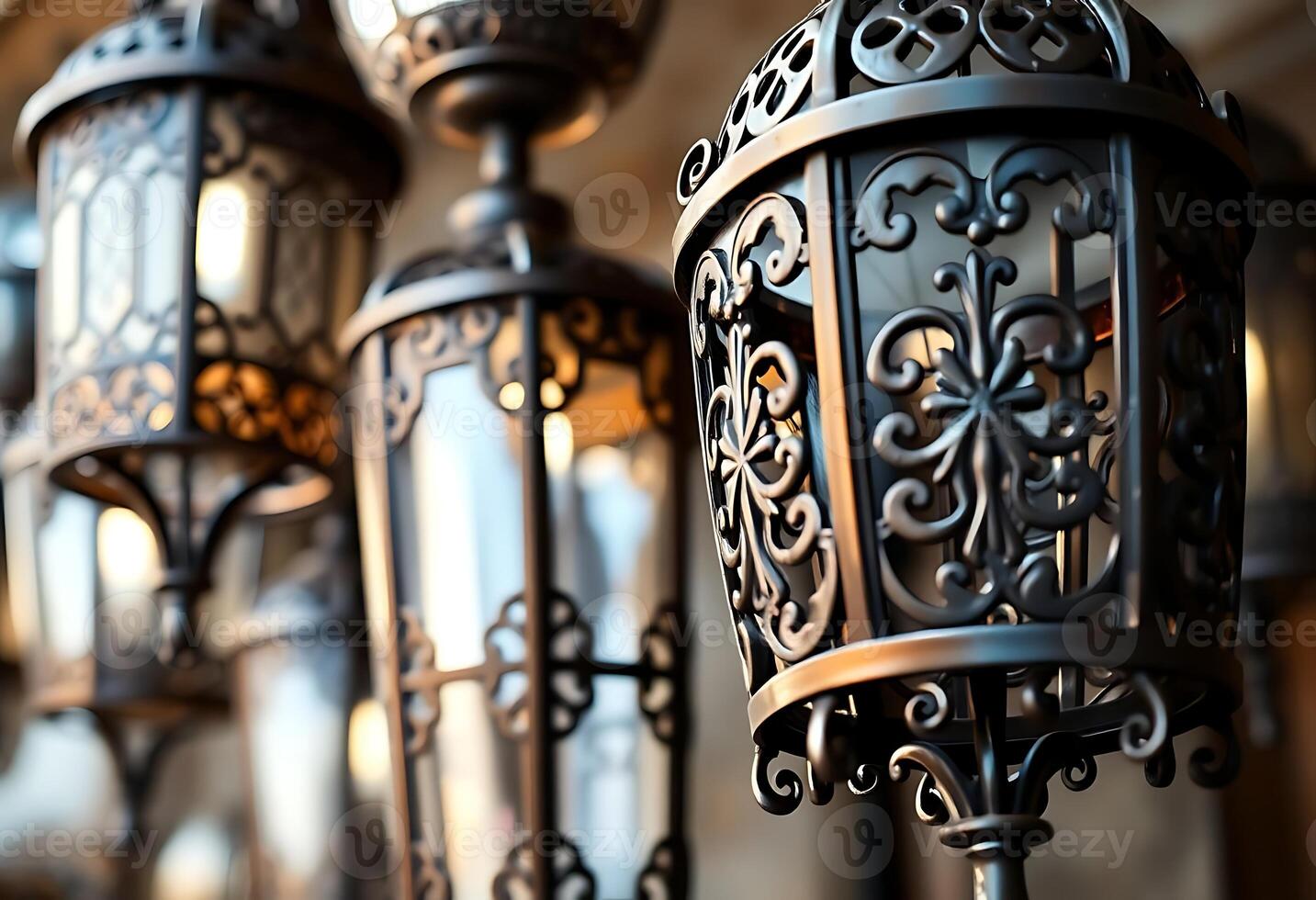 bunch of lamps that are on a pole photo