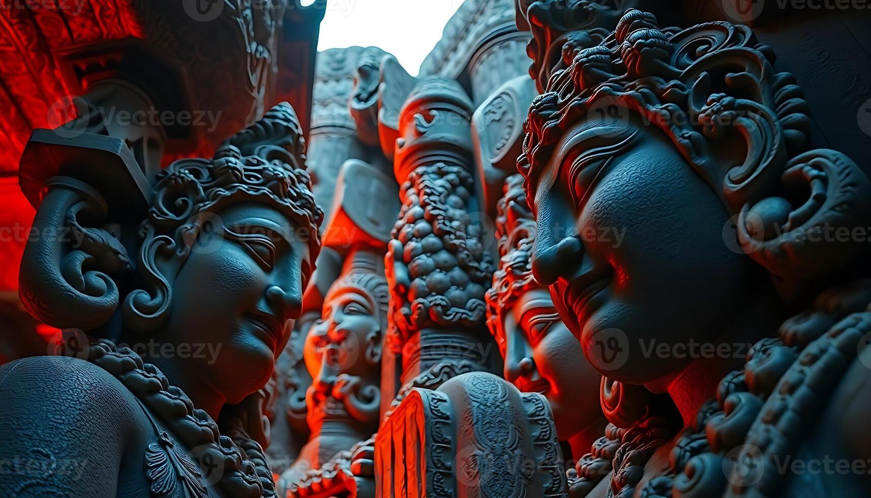 group of statues sitting next to each other photo